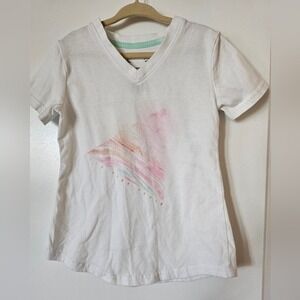 Girls White‎ Graphic T Shirt XS 6/6X Short Sleeve V Neck Playclothes School